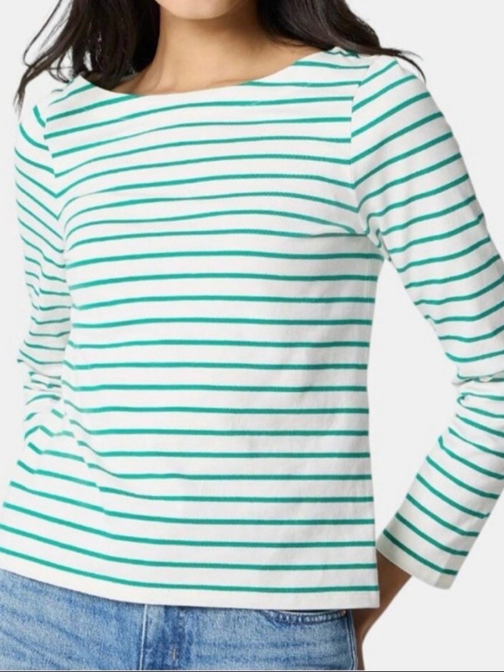 J. Crew White Boatneck Top with Teal Stripes bow in the back sz M
